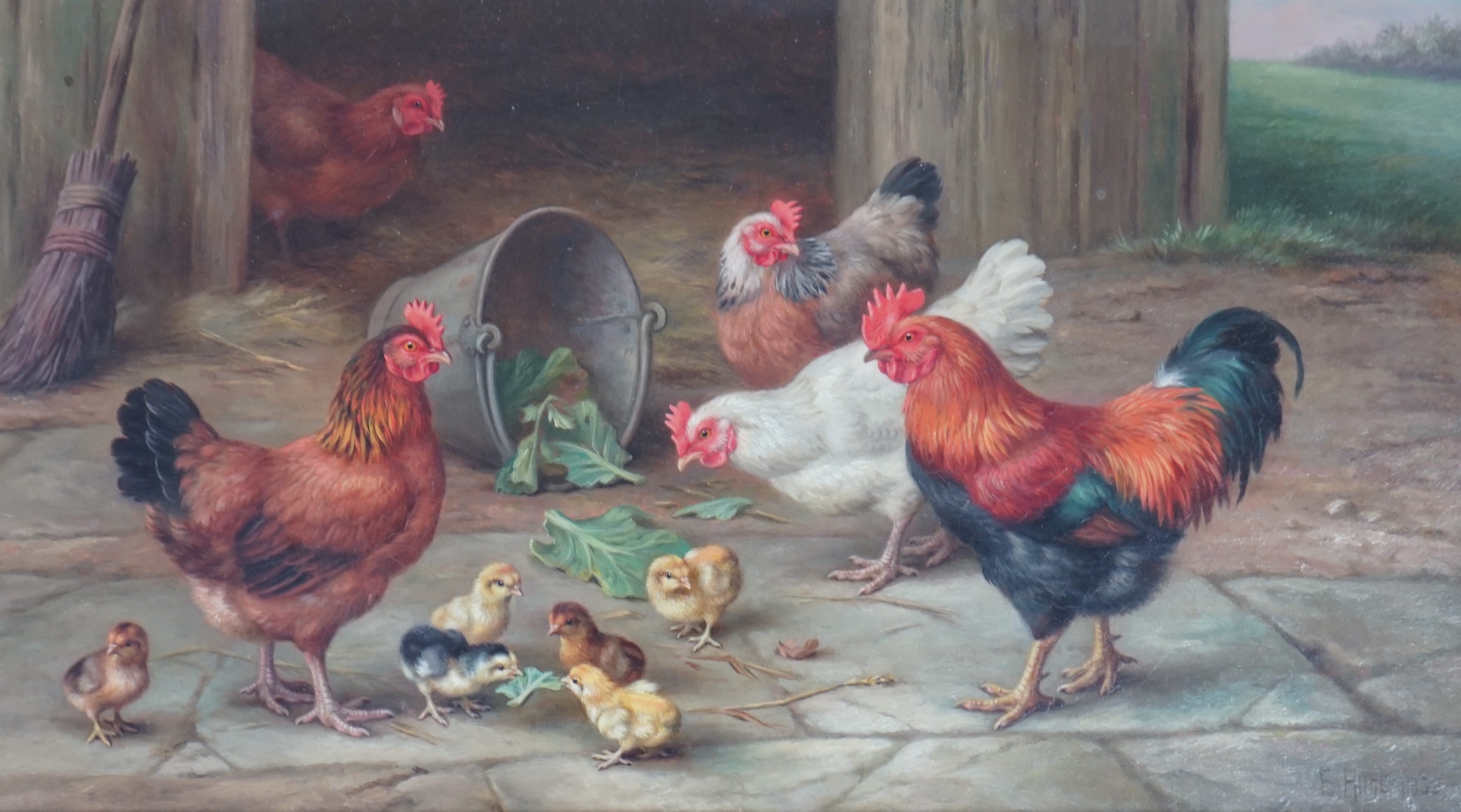 Edgar Hunt (English, 1876-1953), Chickens and chicks in a farmyard, oil on canvas, 19 x 34cm